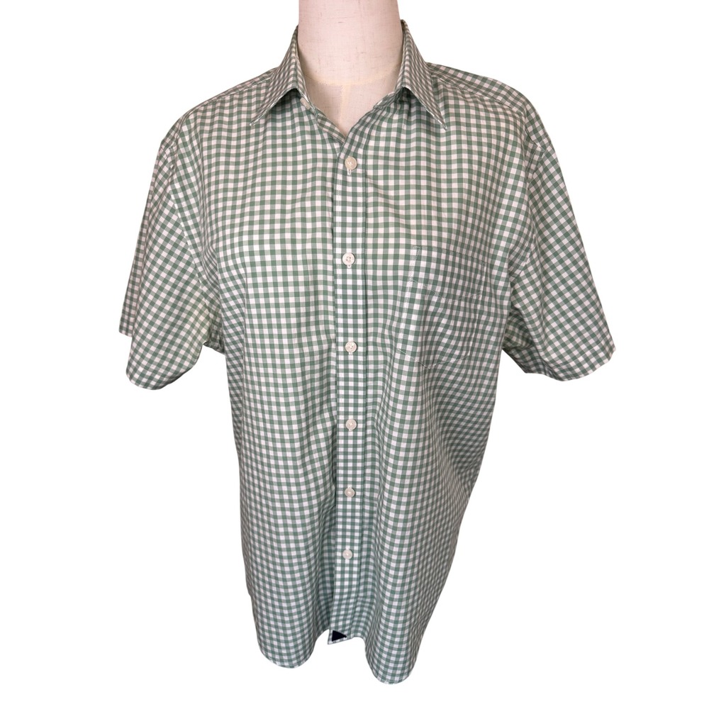 Untuckit Mens Large Green Gingham Plaid Short Sleeve Cotton Button Down Shirt